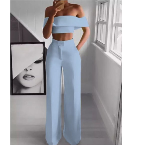 NWT Off-the-Shoulder Crop Top Pants Set Blue - Picture 1 of 7